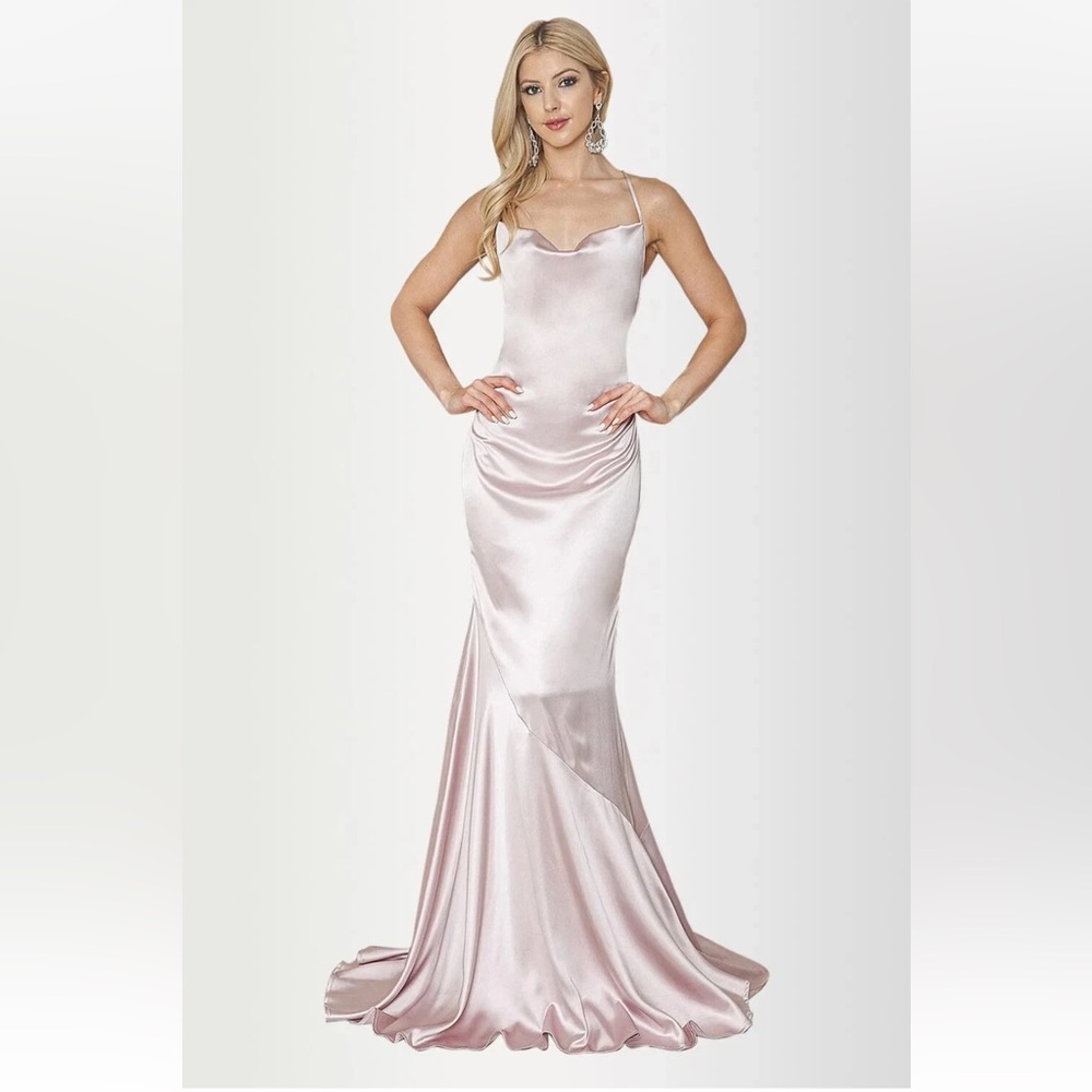 MANIJU womens size L champagne pink sleeveless satin full length gown dress